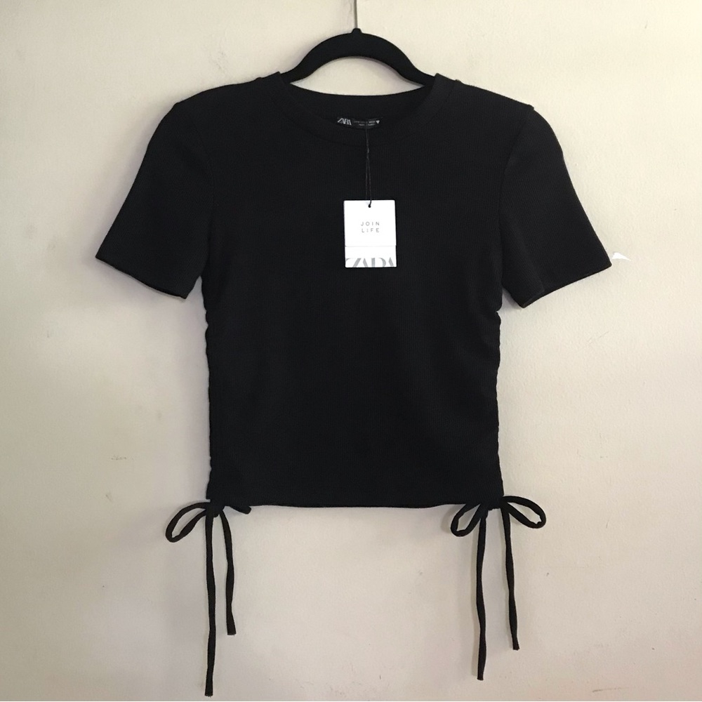 Zara Black Ruched Ribbed Top - Picture 4 of 9